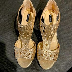 Alex Marie gold wedge heel party shoes.